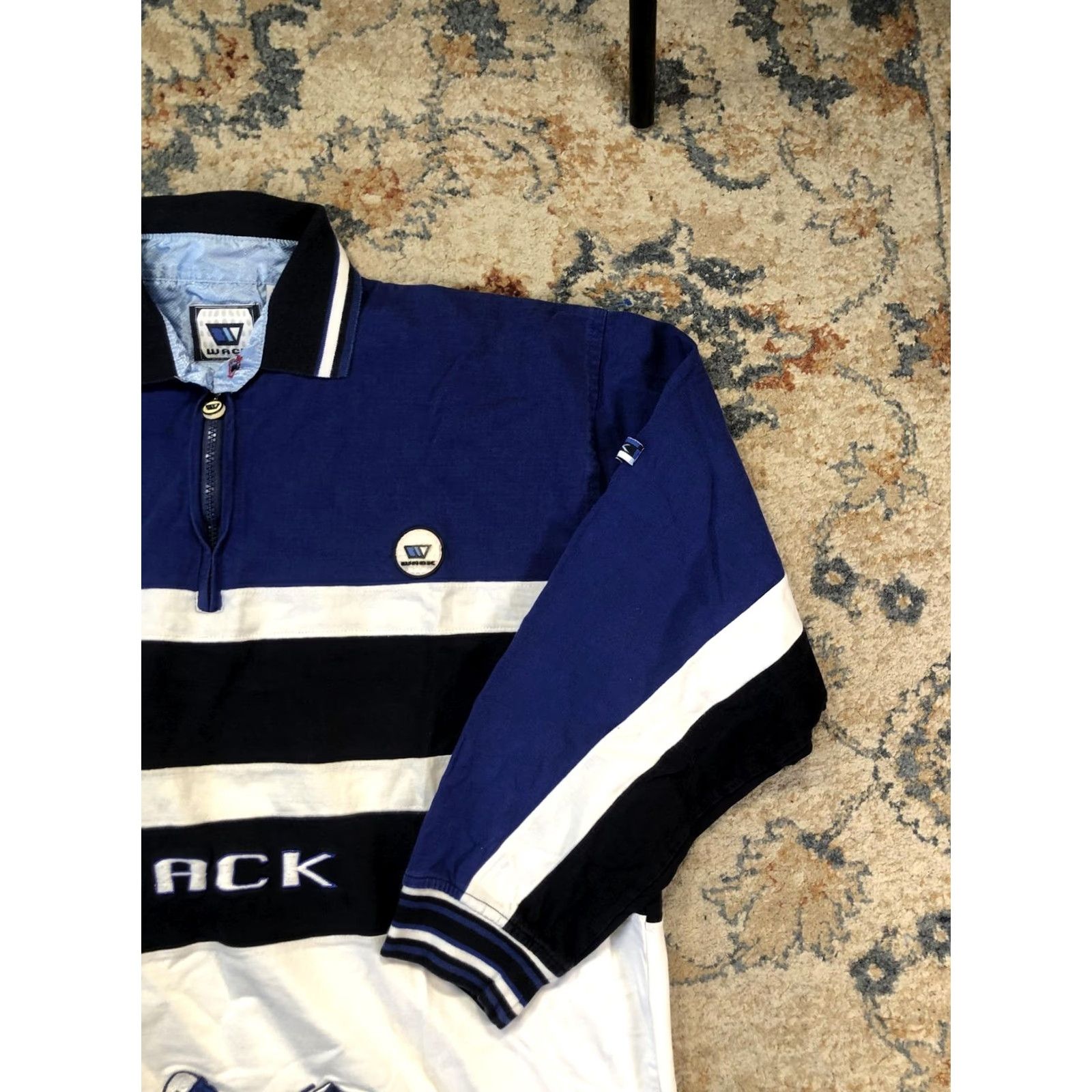 Vintage Wack Polo Shirt XL Mens Blue White Stripe Hockey Graphic 1/4 Zip Long Sleeve Polo Shirt Size US XL / EU 56 / 4 - 4 Thumbnail