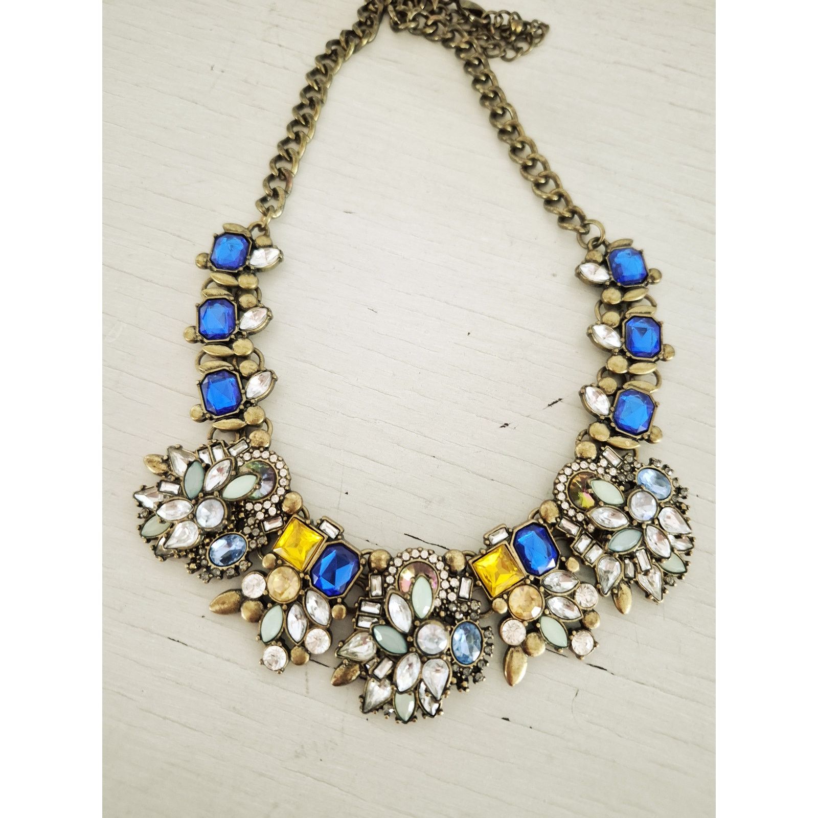 Other Vintage Blue White and Yellow Rhinestone Statement Necklace Size ONE SIZE - 2 Thumbnail