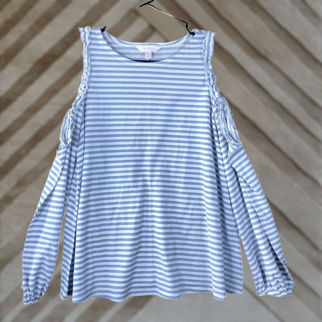 Lauren Conrad LC Lauren Conrad Womens Shirt Blue White Striped Cold Shoulder Long Sleeve Small Size S / US 4 / IT 40 - 1 Thumbnail