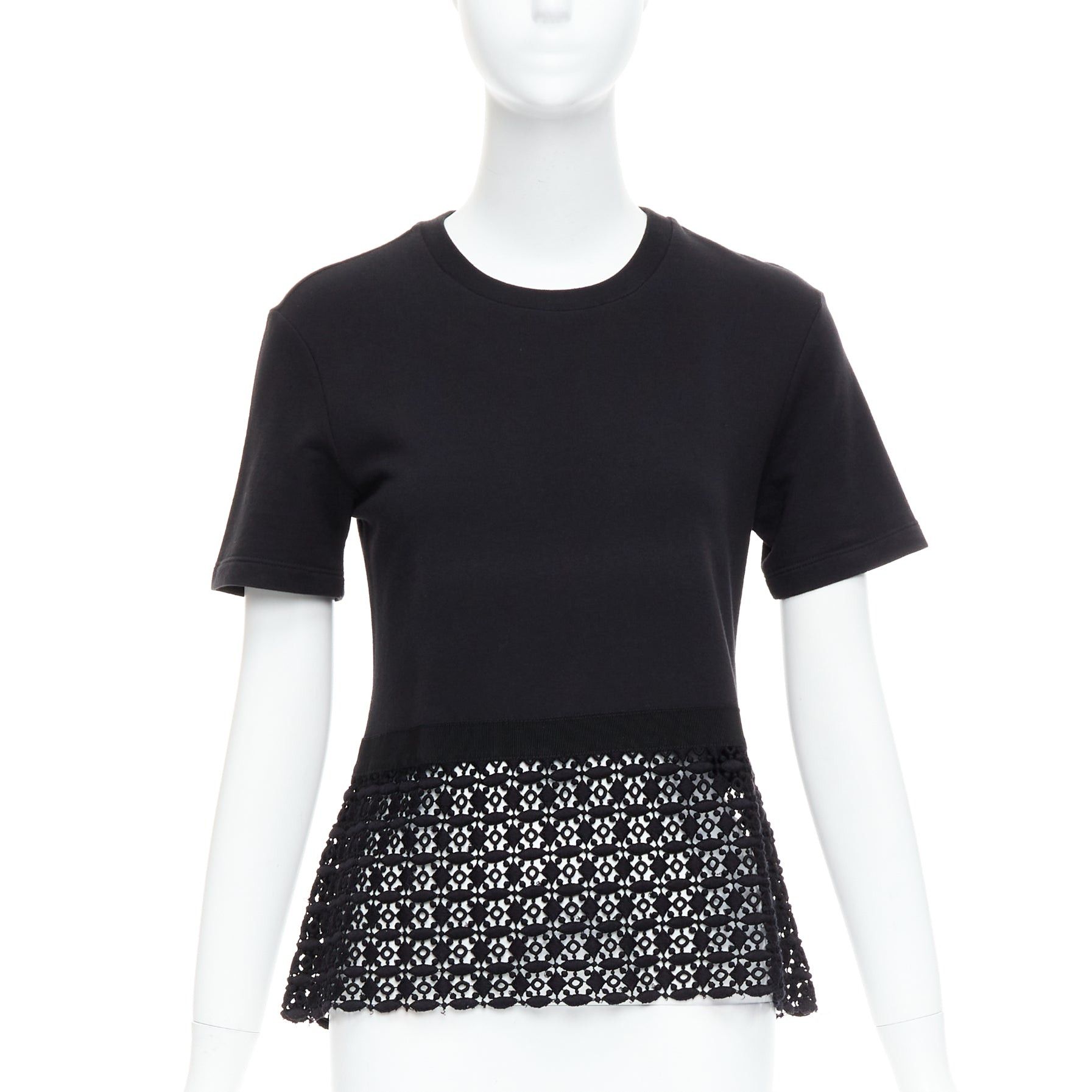 Giambattista Valli GIAMBATTISTA VALLI black cotton geometric lace hem tshirt IT38 XXS Size XS / US 0-2 / IT 36-38 - 1 Thumbnail