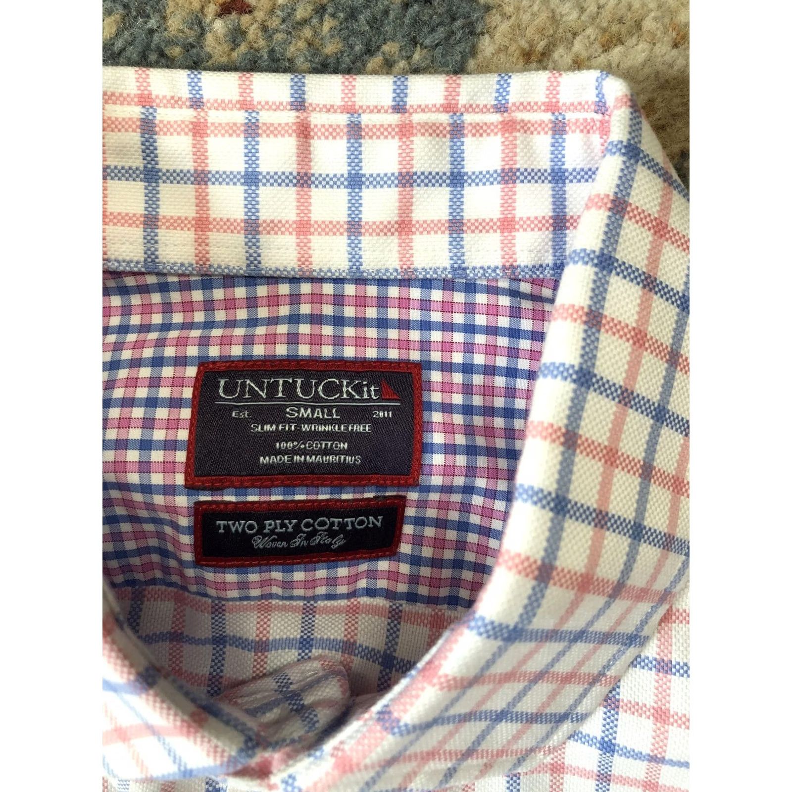 UNTUCKit UNTUCKit Shirt Slim Fit Wrinkle-Resistant White Blue Red Plaid Button-Front Check Cotton Made in Mauritius S Small Mens Adult Small XS? Size US S / EU 44-46 / 1 - 7 Thumbnail