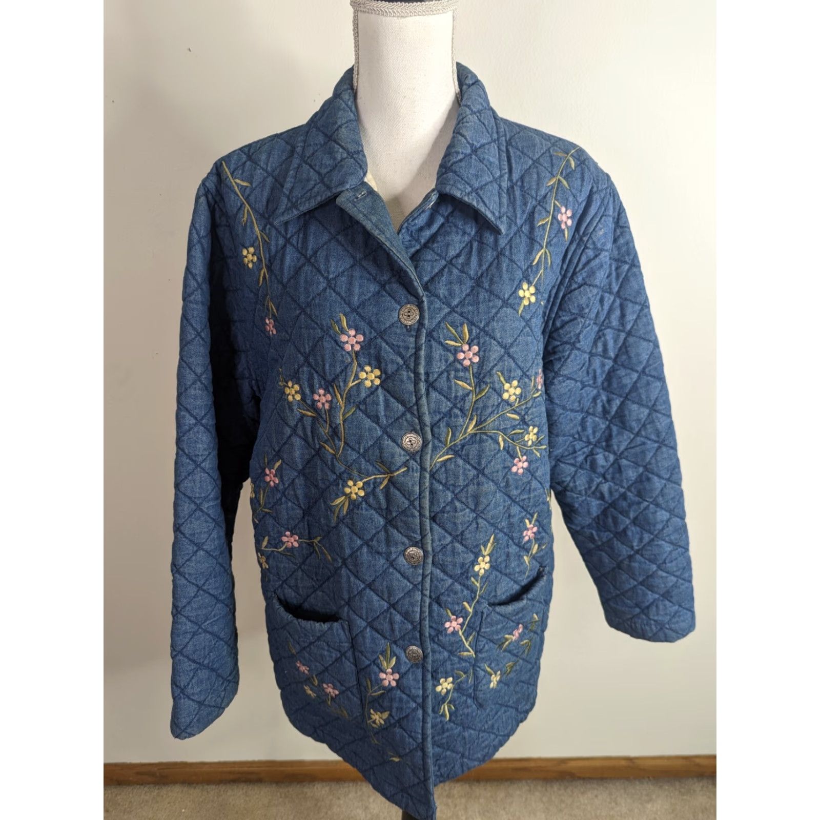 Denime VINTAGE 90s Denim Women's Jacket Blue Embroidered Quilted Floral Embroidery - Size M - Casual - Jacket Size M / US 6-8 / IT 42-44 - 2 Thumbnail