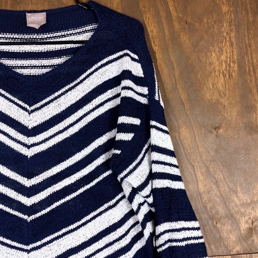 Vintage Chicos Womens Sweater Navy Blue White Chevron Boat Neck Long Sleeve M Crew Pullover Knit Casual Womens Size M / US 6-8 / IT 42-44 - 5 Thumbnail