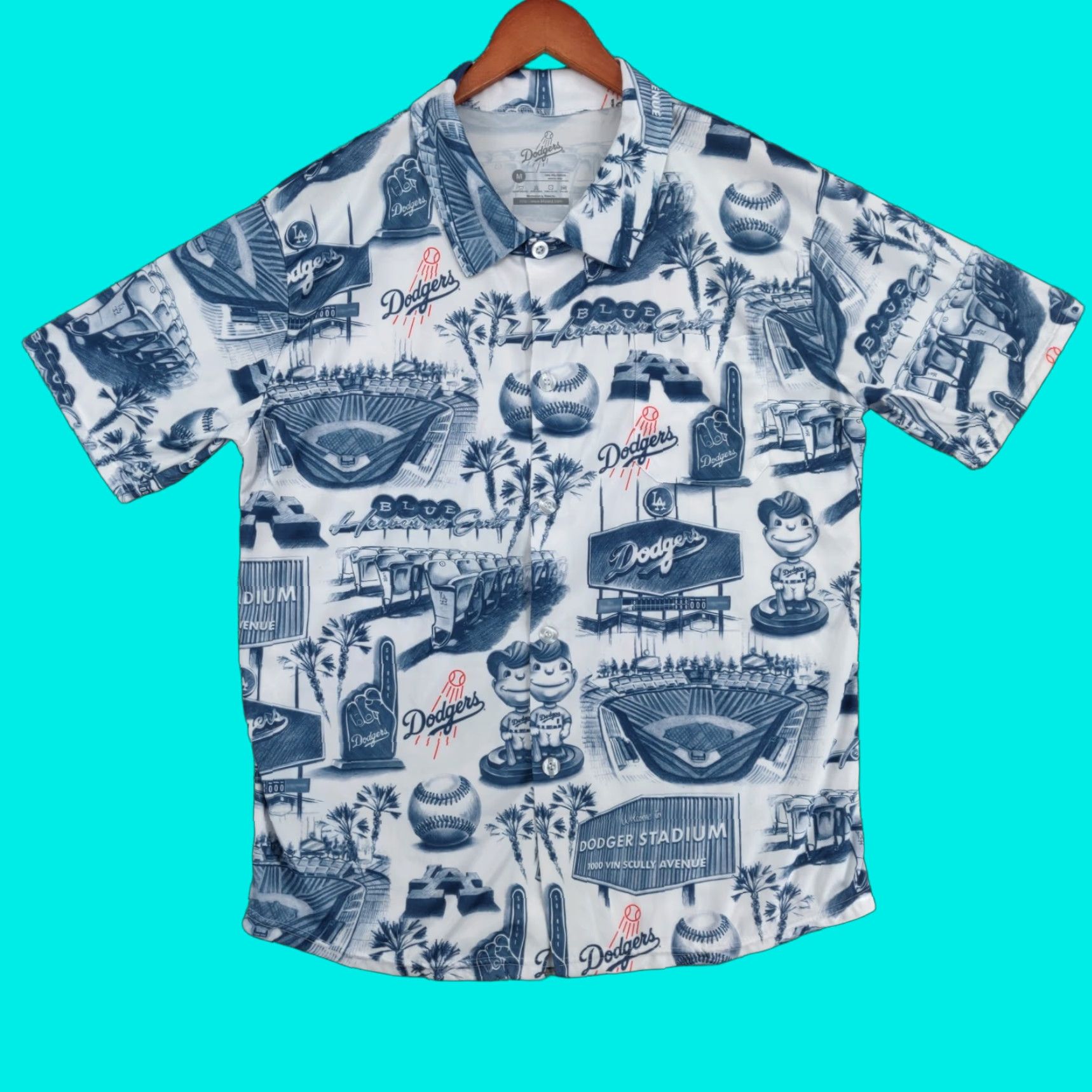 LA Dodgers Hawaiian Shirt Mens Medium White Blue All Over Print