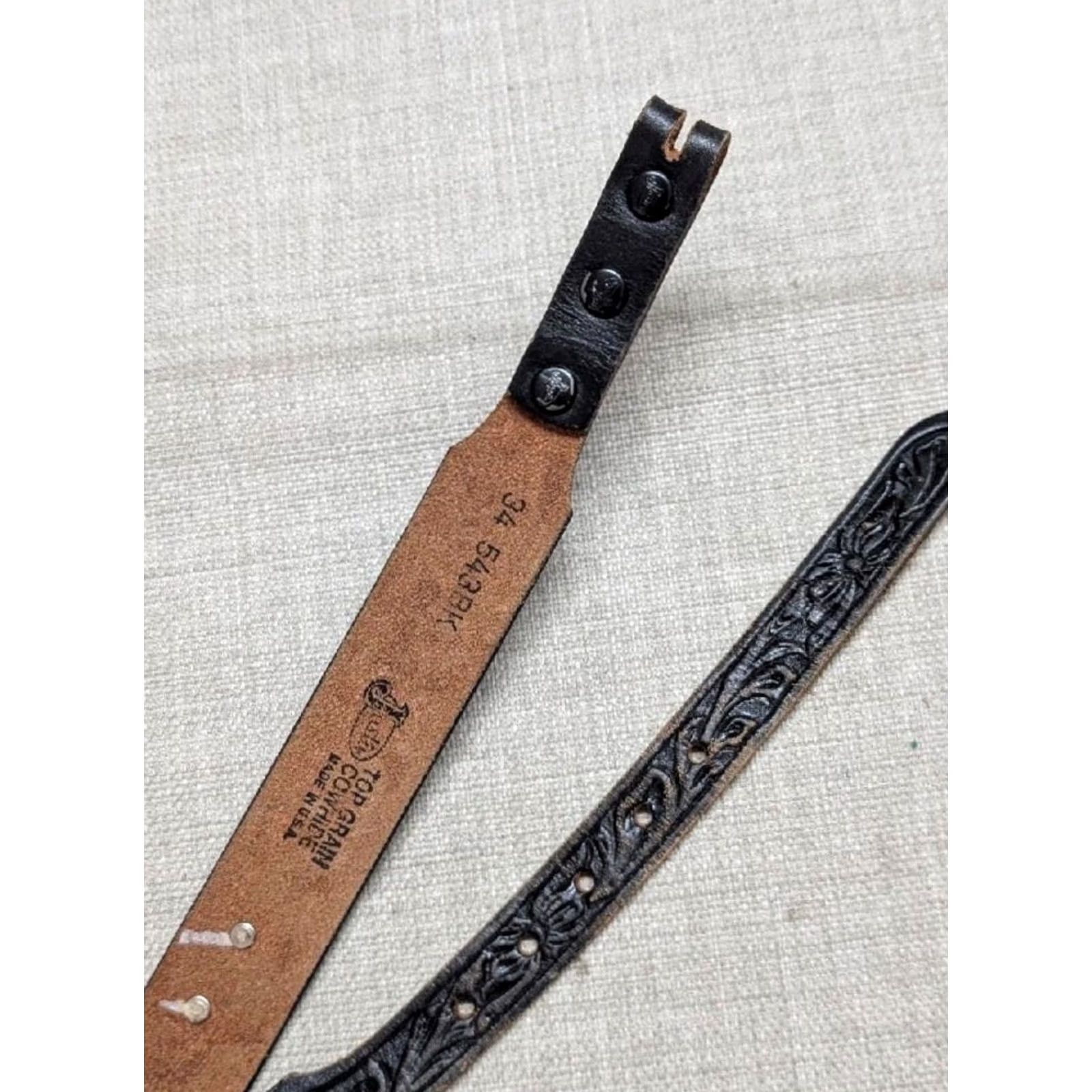 Vintage VINTAGE belt Justin western black tooled concho buckle 34 unisex adults USA made leather cowhide 1-1/4" tapered ends decay 90s style Mens Size 34 - 4 Thumbnail