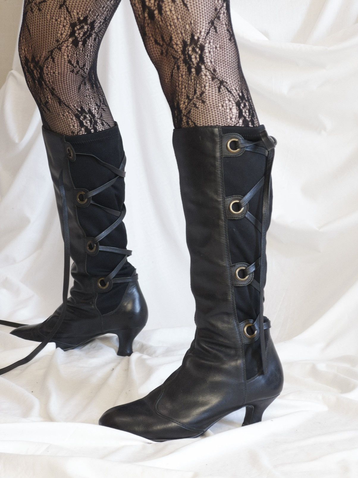 Vintage Black lace-up knee high boots with elastic back panel Size US 9 / IT 39 - 1 Thumbnail