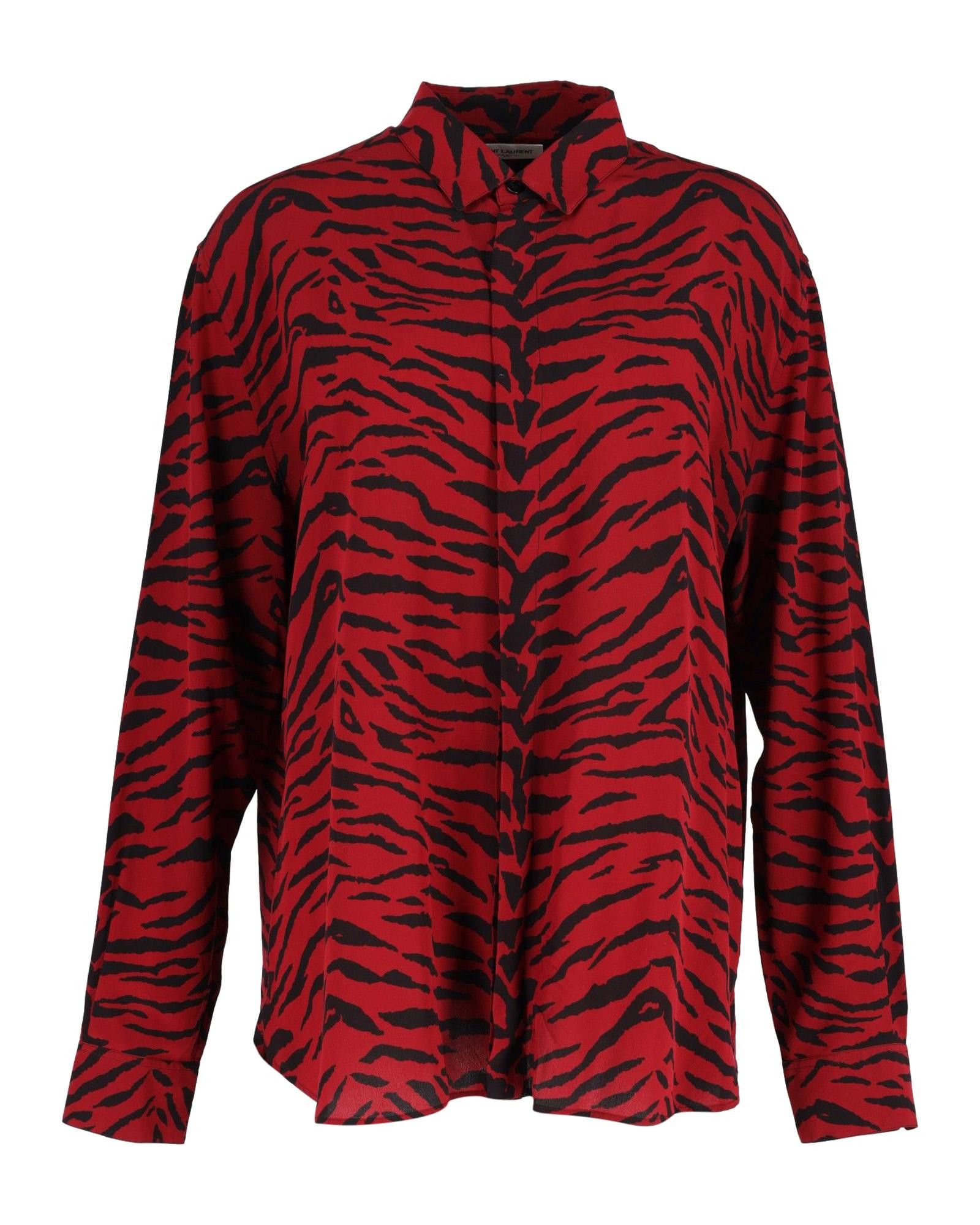 image of YVES Saint Laurent Zebra-Print Long-Sleeve Silk Shirt In Red By Saint Laurent, Men's (Size 2XL)