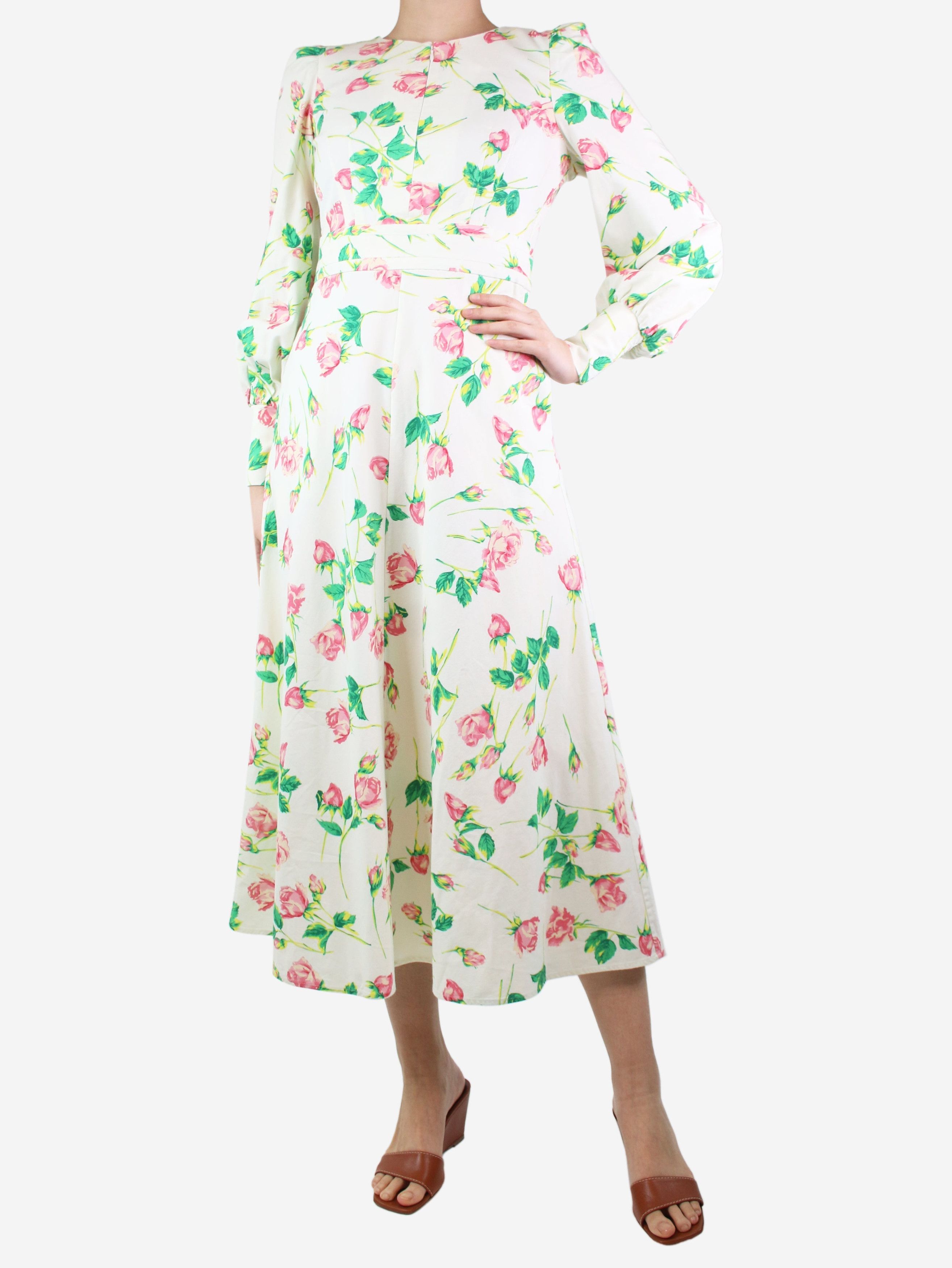 image of Me Em Cream Rose Print Structured Midi Dress - Size Uk 8, Women's