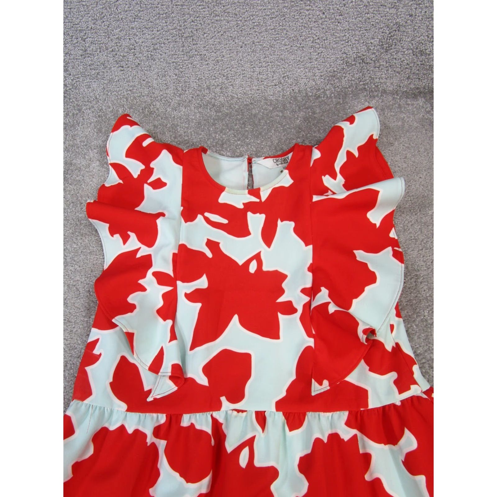 Vintage Crosby Dress Womens XS Red Blouson Knnee Length Floral Round Neck Sleeveless Button Polyester Dress Length Knee Length Business Casual Travel Size XS / US 0-2 / IT 36-38 - 2 Thumbnail