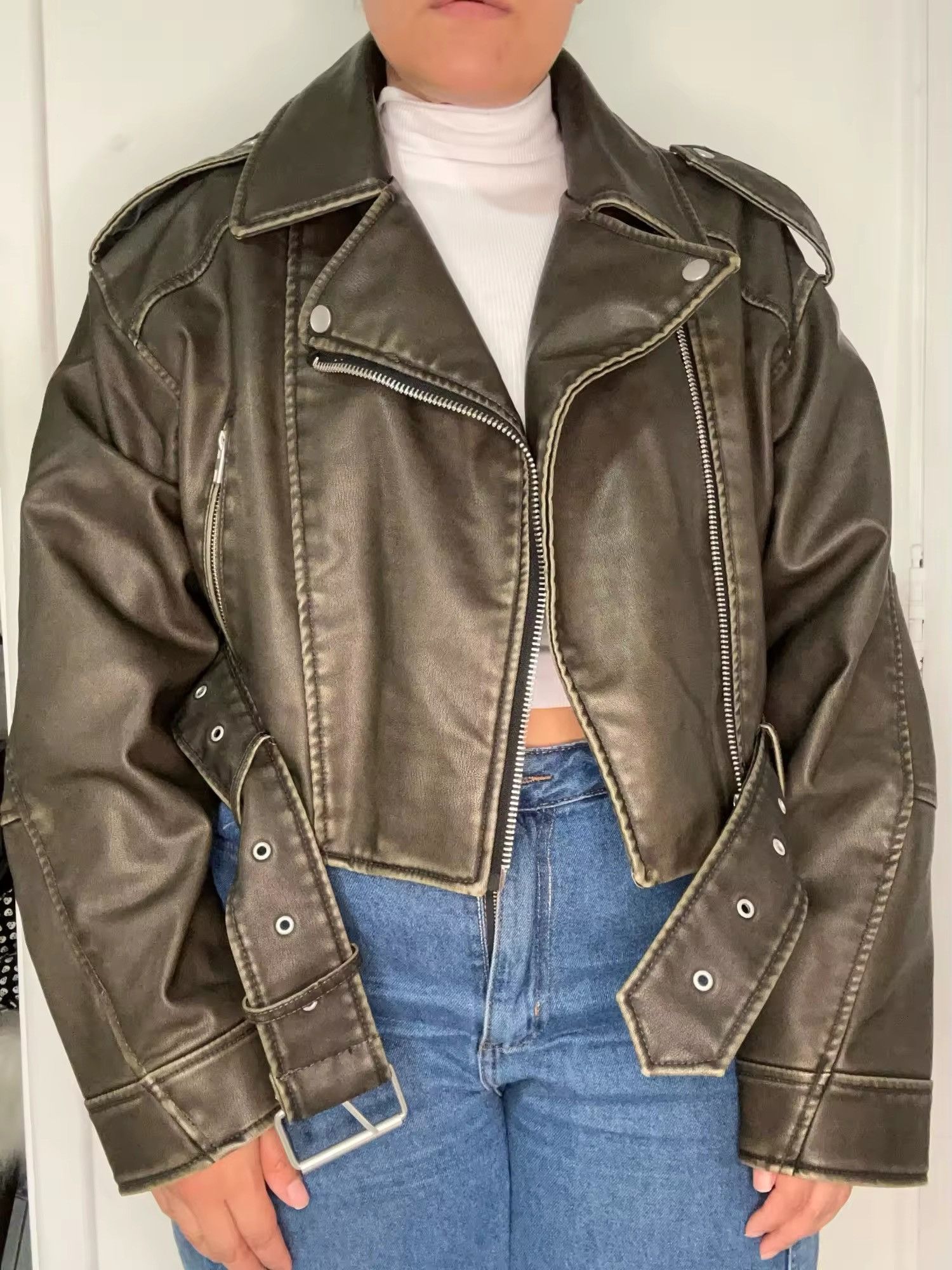 Jean Vintage Loose Zipper Pu Faux Leather Short Jacket Size L / US 10 / IT 46 - 11 Thumbnail