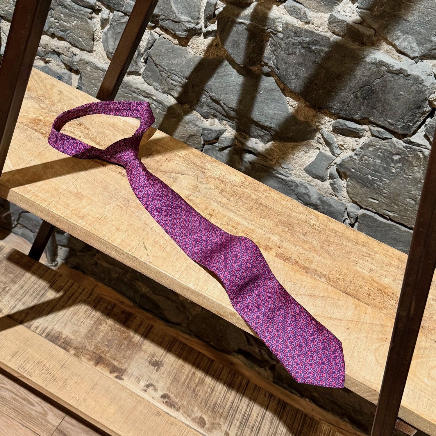 Hermes Hermès Pink Chaine D'Ancre Pattern Navy Silk Tie Size ONE SIZE - 1 Thumbnail