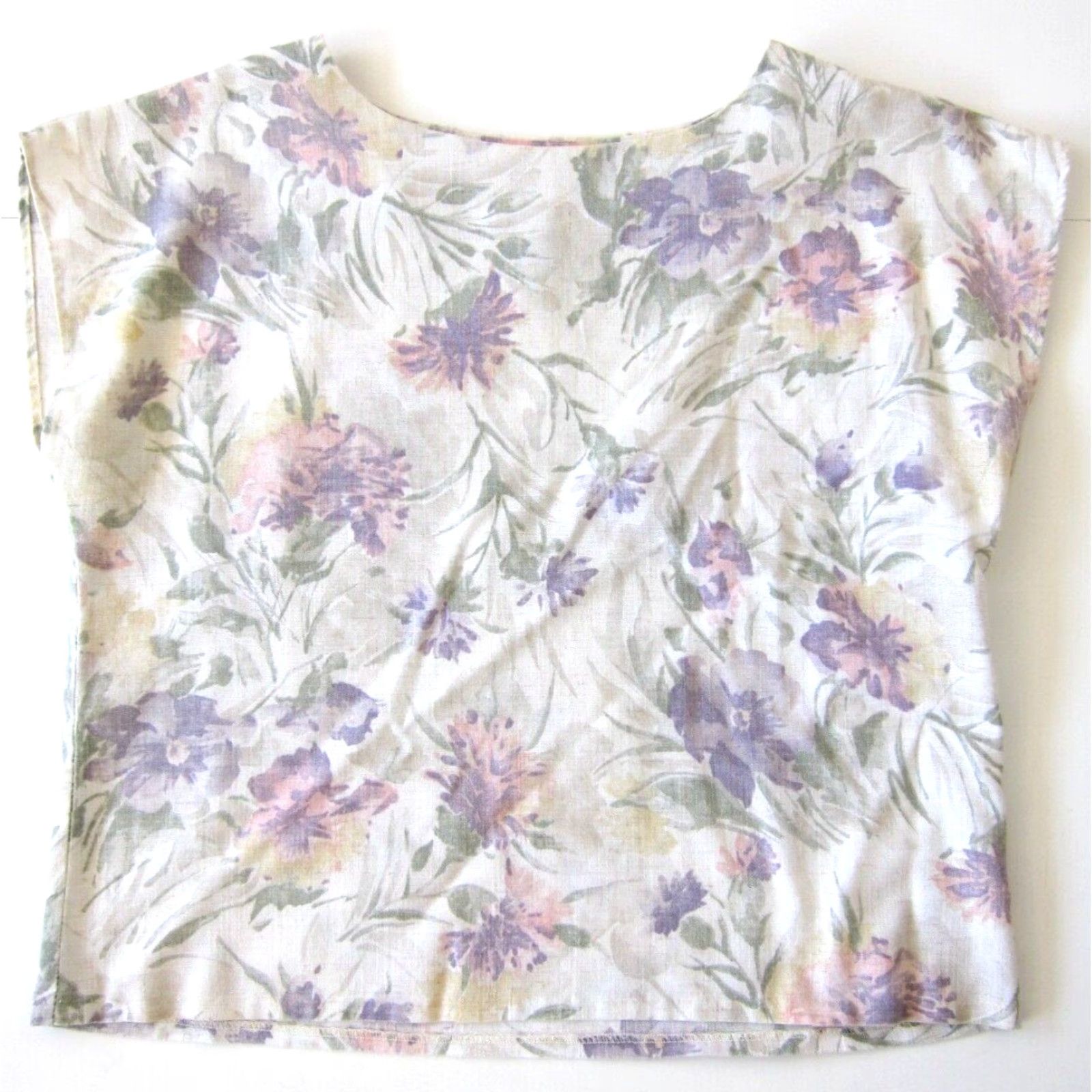 FLAX VINTAGE Ann Hill Flax Ivory Purple Green Floral Boxy Lagenlook Tunic Blouse PL Size L / US 10 / IT 46 - 7 Thumbnail