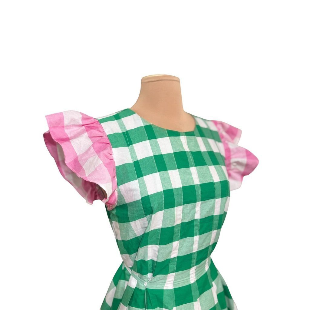 Other Gingham Plaid Fit & Flare Dress S Green Pink White Cotton Cl Size S / US 4 / IT 40 - 2 Thumbnail