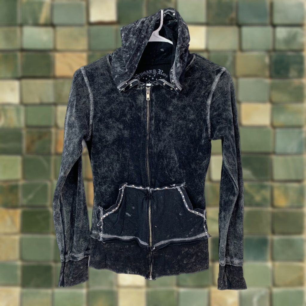 Sugar Sugar Rox Women's S Black Acid Wash Full Zip Hooded Sweatshirt Studs Pockets Y2K Rock Grunge Hooded Slim Velour Casual Activewear jacket Size S / US 4 / IT 40 - 1 Thumbnail