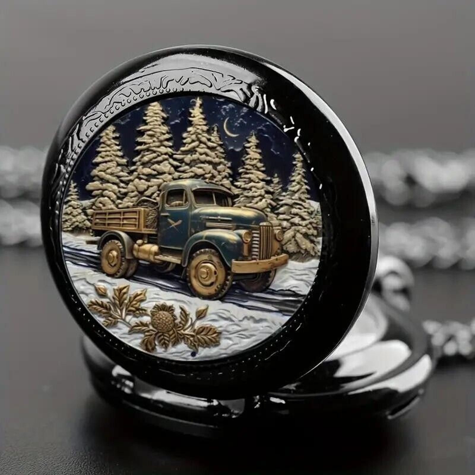 Other Retro Black Quartz Pocket Watch • Pine Christmas Tree Size ONE SIZE - 2 Thumbnail
