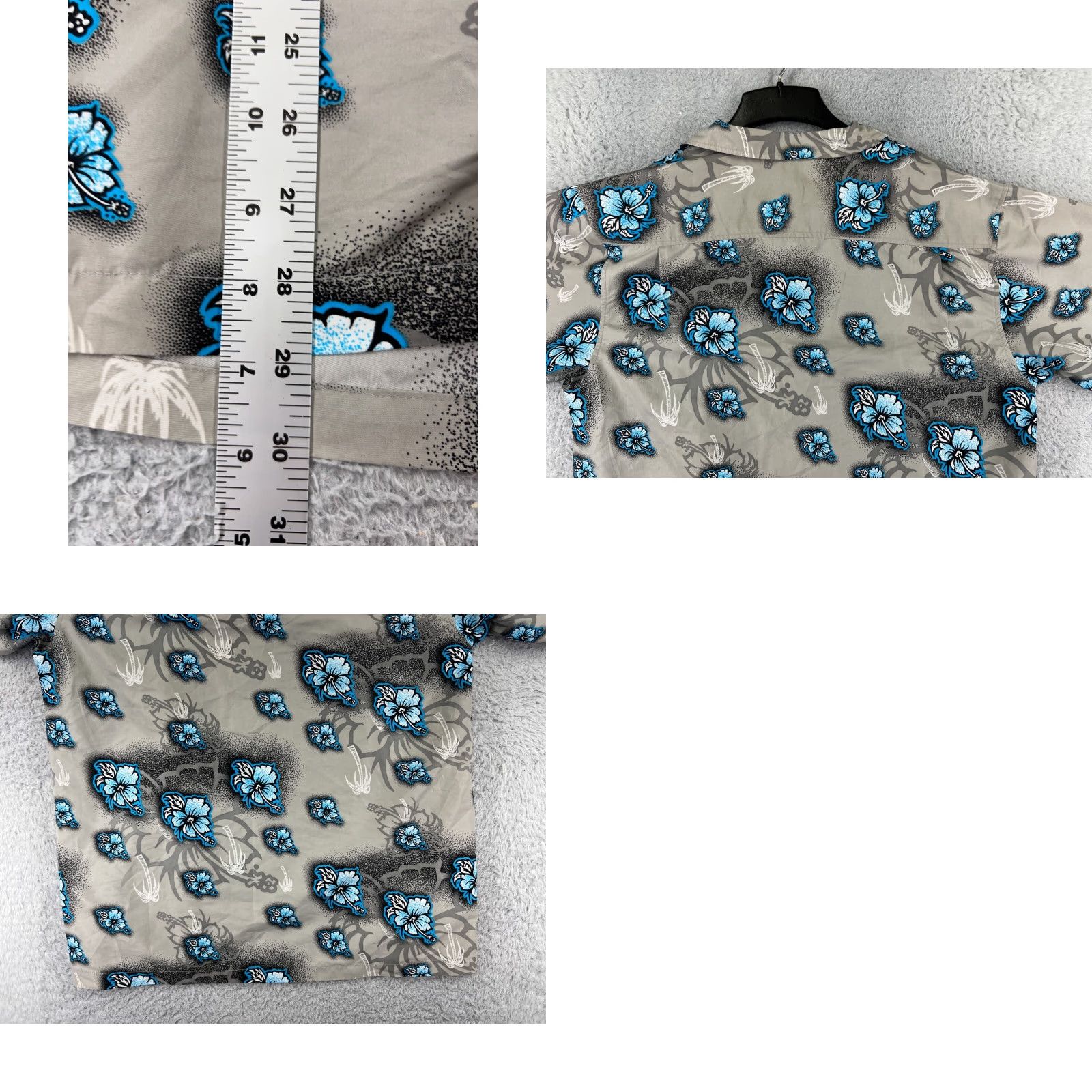 Vintage Benzene Mens Button-Up Shirt Hawaiian Floral Gray Palm Tree Aloha Beach Vacation 40 in Chest - Holiday/All Seasons Size US L / EU 52-54 / 3 - 9 Thumbnail