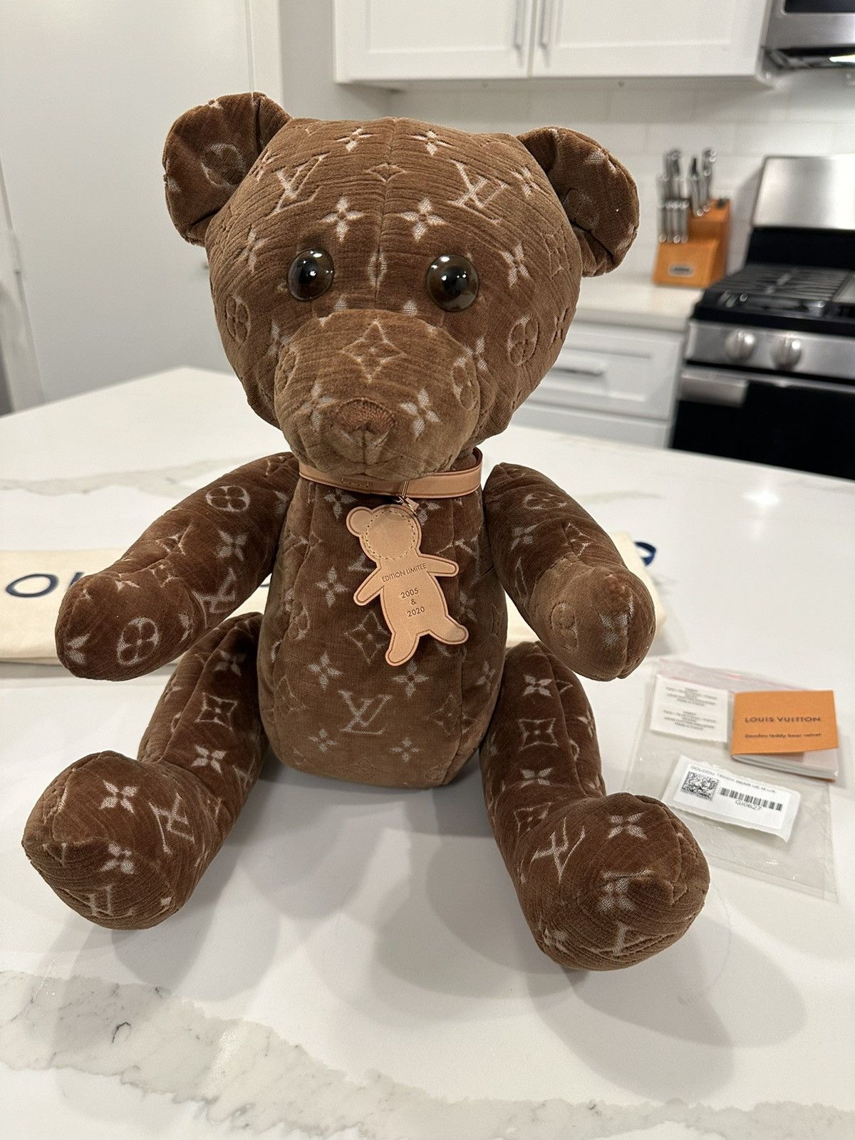 image of Louis Vuitton x Virgil Abloh Monogram Velour Doudou Teddybear in Brown, Men's