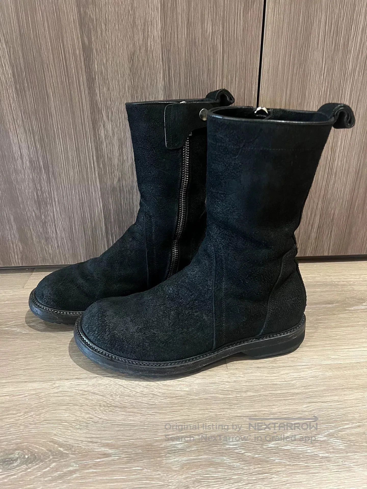 Rick Owens Black Suede Military Zip Boots.
