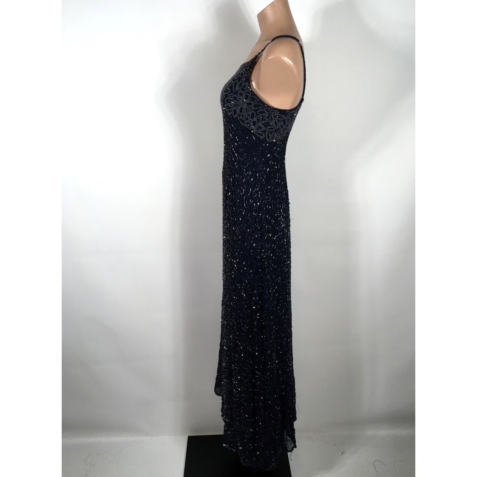 Vintage VINTAGE Scala Long Silk Beaded Open Sequin Square Neck Blue Gown M Dress, Ball Gown, A-Line, Formal, Women's Velvet Blue Silk, Vintage Scala Size M / US 6-8 / IT 42-44 - 7 Thumbnail
