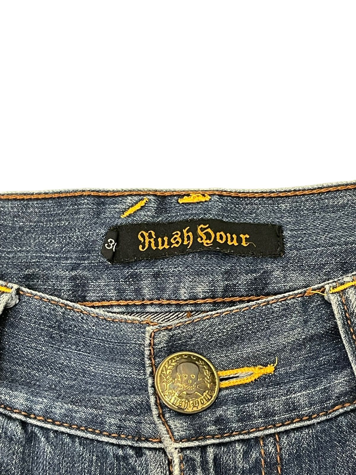 Japanese Brand Flare Jeans Rush Hour Faded Distress Boot Cut 8🟦4 Size US 33 - 9 Thumbnail