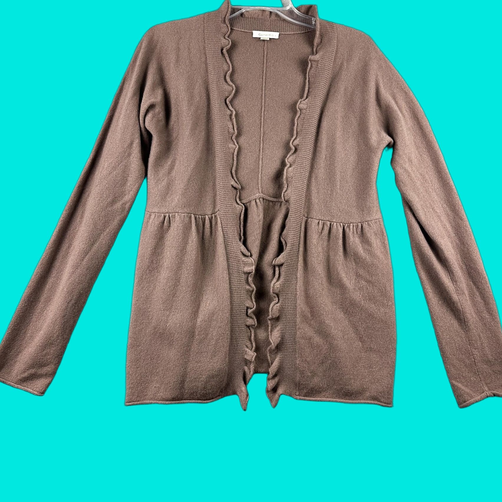 Vintage Garnet Hill Cardigan Sweater Womens Medium Brown 100% Cashmere Open Front Ruffle Knit Slim Long Sleeve Size M / US 6-8 / IT 42-44 - 1 Thumbnail