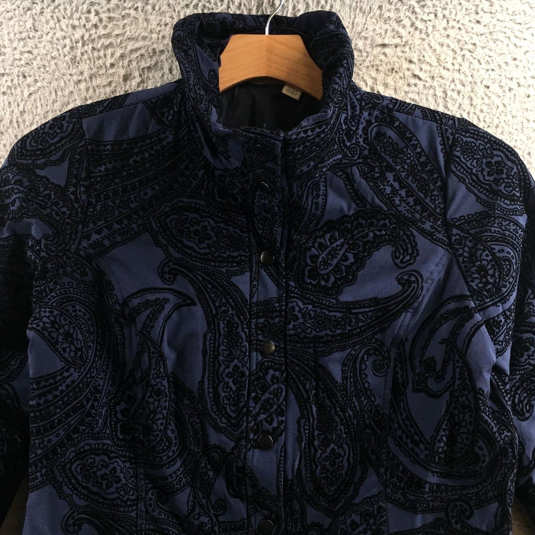 Vintage Zenergy by Chico's Jacket Womens 1 Navy Black Paisley Flocked Quilted Collared Shirt Size XS / US 0-2 / IT 36-38 - 2 Thumbnail