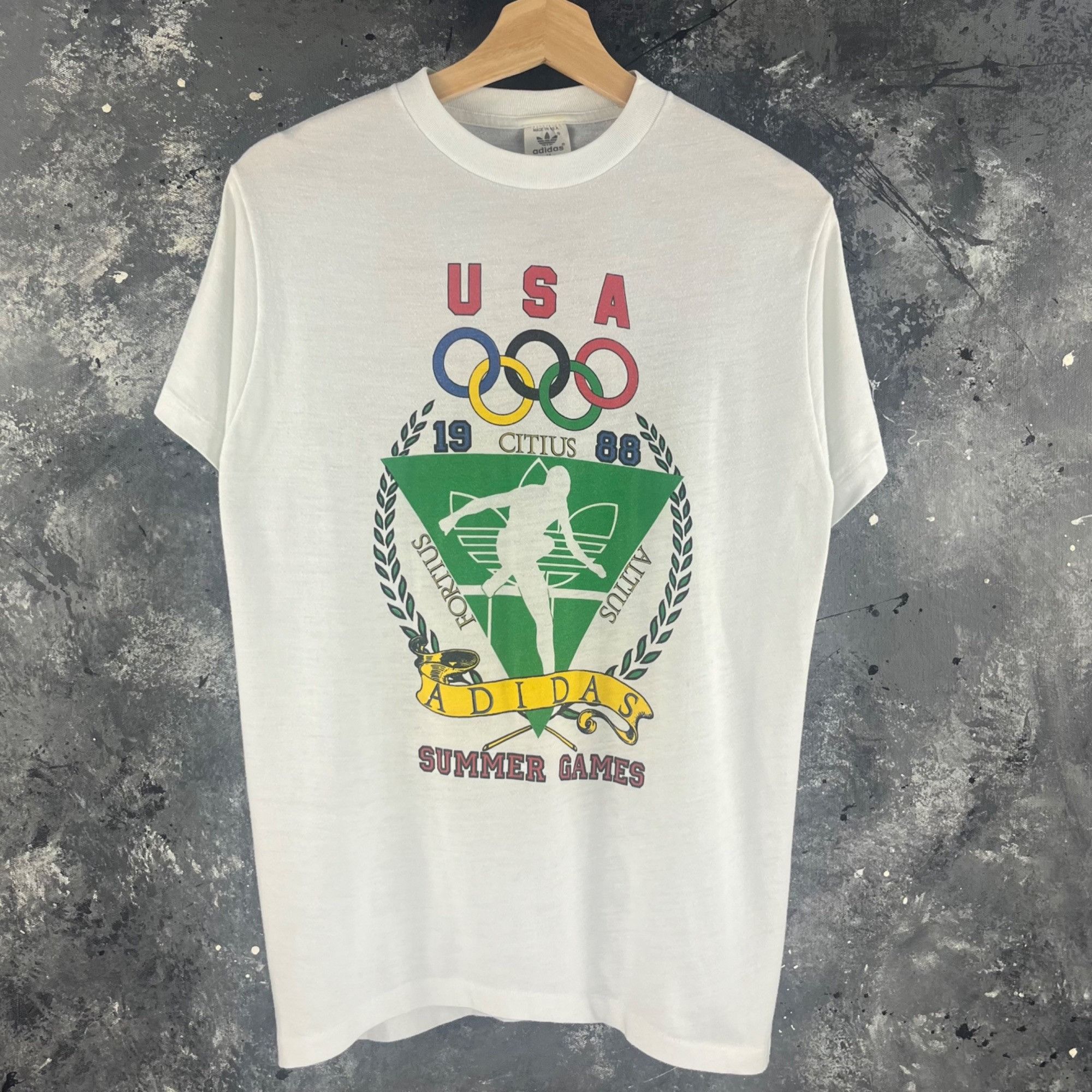 image of Vintage 1988 Adidas Olympics Shirt in White, Men's (Size Small)