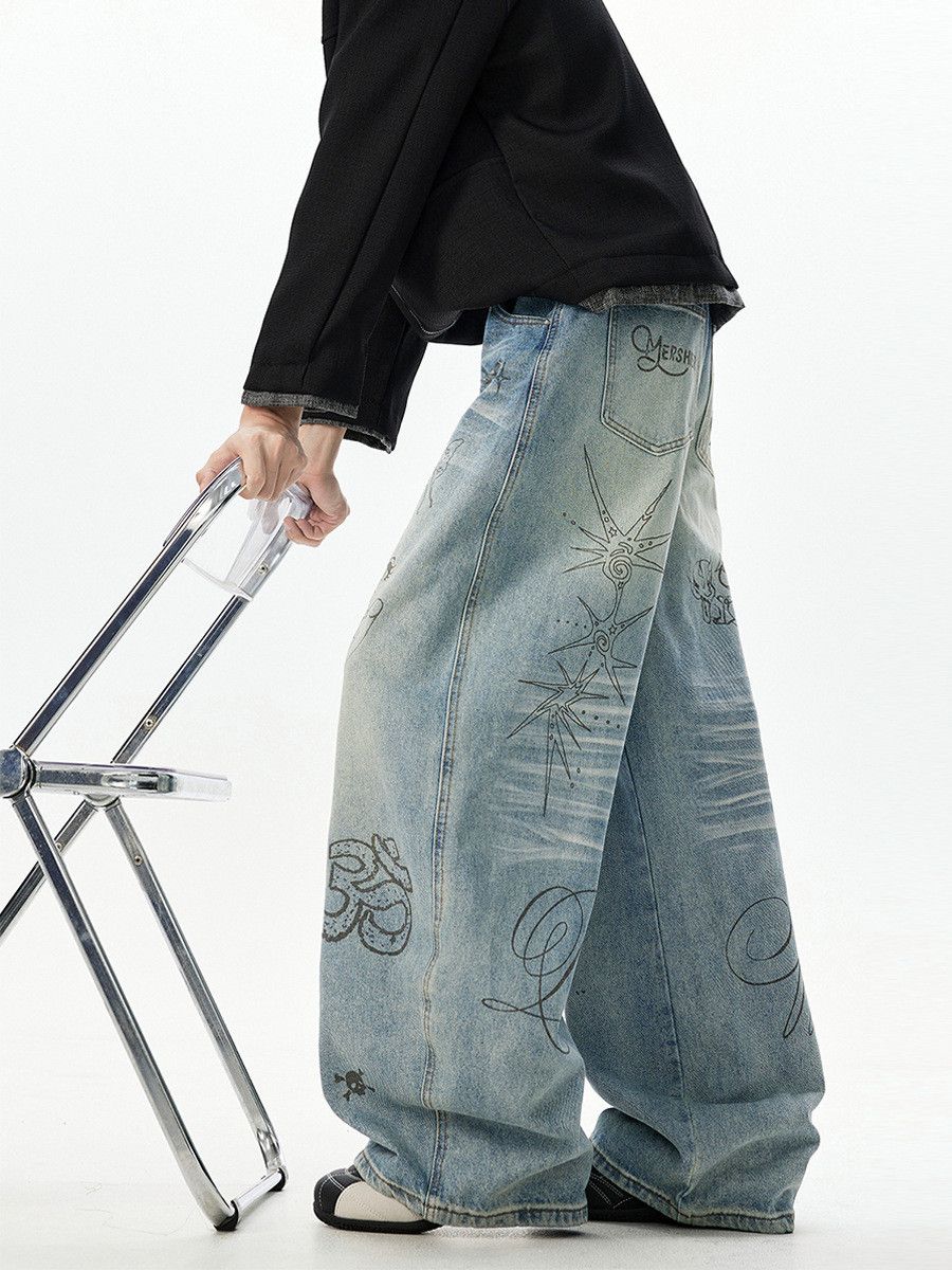 Japanese Brand Men's American Retro Washed Graffiti Jeans Size US 32 / EU 48 - 5 Thumbnail
