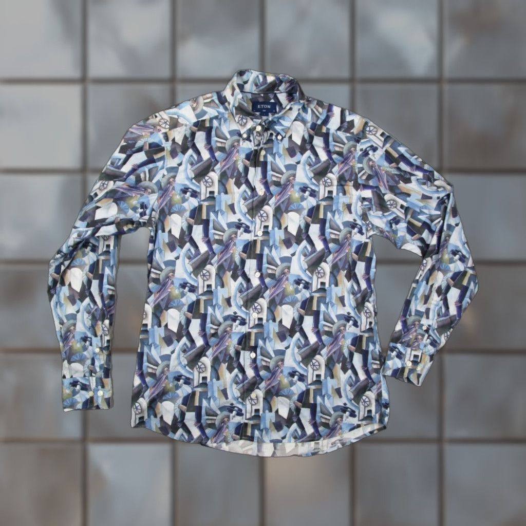 Eton ETON Dress Shirt Mens 16 41 Large Slim Blue Art Deco Designer Geometric 100% Cotton Button-Down Collar Shirt Mens Slim Fit Size 42R - 1 Thumbnail