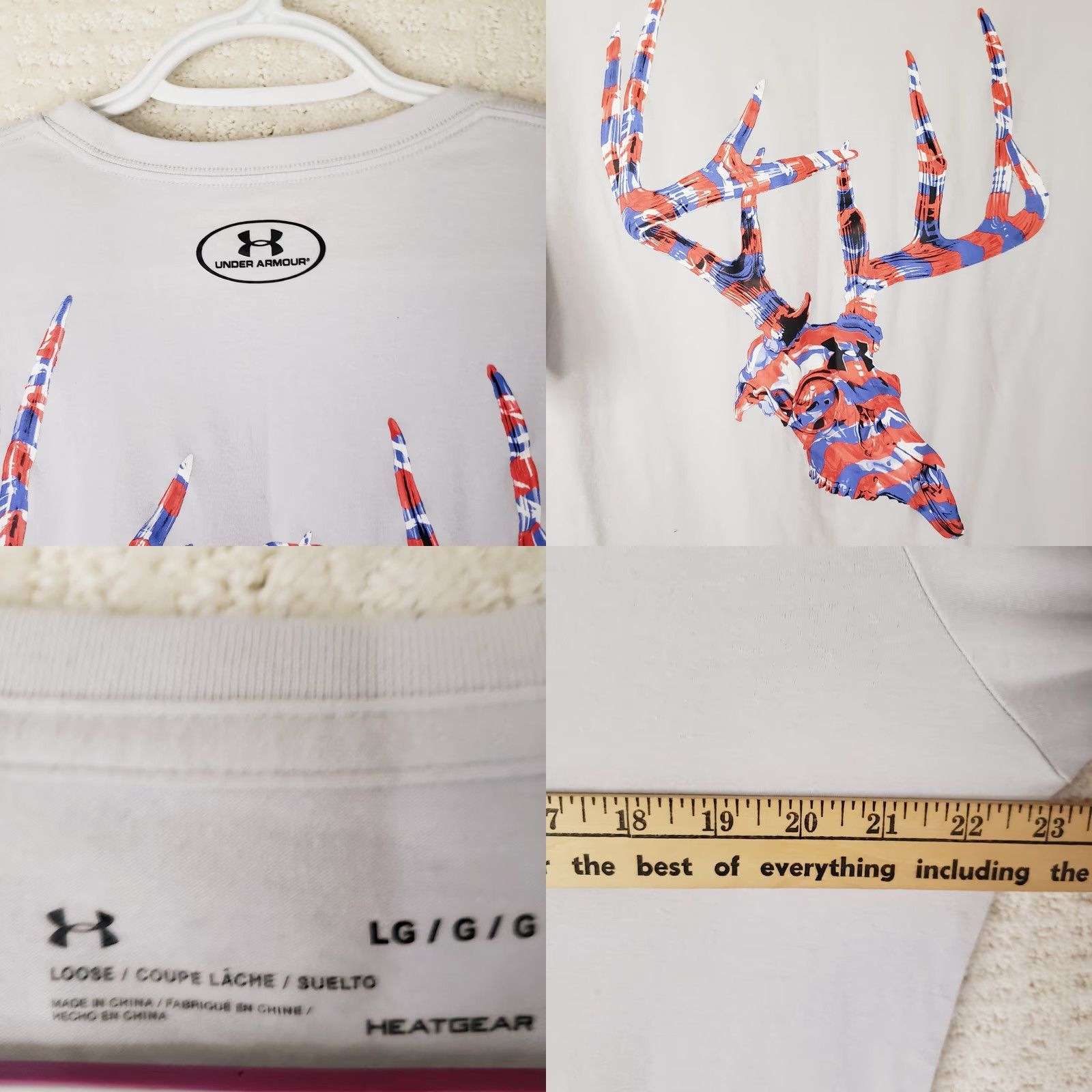 Under Armour UNDER ARMOUR Mens L Short Sleeve HeatGear Shirt Loose Fit Deer Rack White Shirt Size US L / EU 52-54 / 3 - 8 Thumbnail