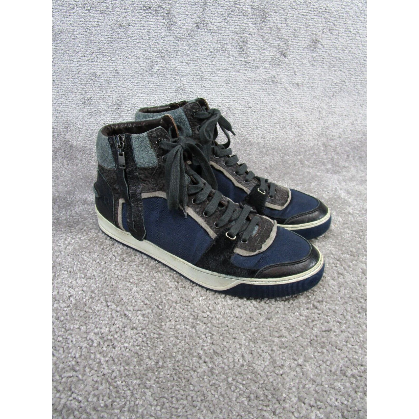 image of Lanvin Sneakers Mens Size 9 Uk 9.5 Us Blue Canvas Leather High Top Side Zip in White