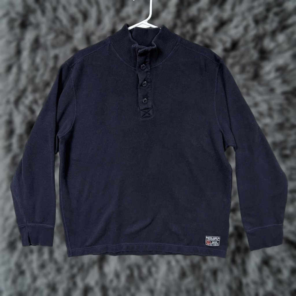Nautica Nautica Jeans Co Sweater Mens L Blue Henley Mock Neck Pullover Knit Cotton Logo NJC-99 Casual Fall Winter GOLF Walking Mens Size US L / EU 52-54 / 3 - 1 Thumbnail