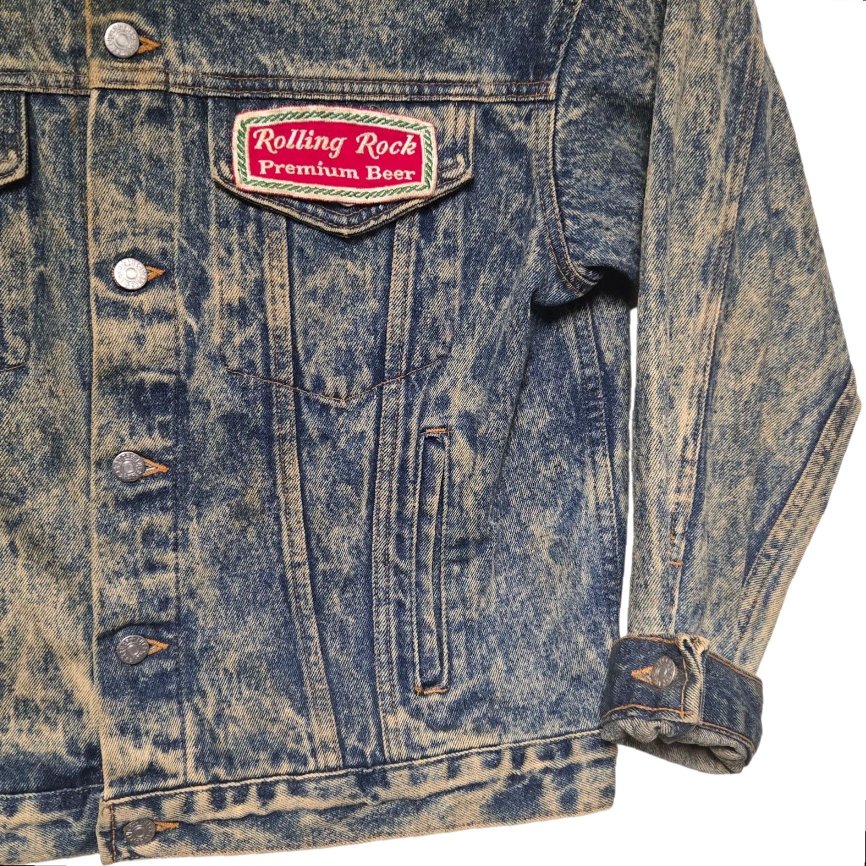 Vintage VINTAGE Rolling Rock Jean Jacket Mens Small Patch Embossed 80s Acid Wash Denim Bomber Jacket Blue Size US 29 - 3 Thumbnail