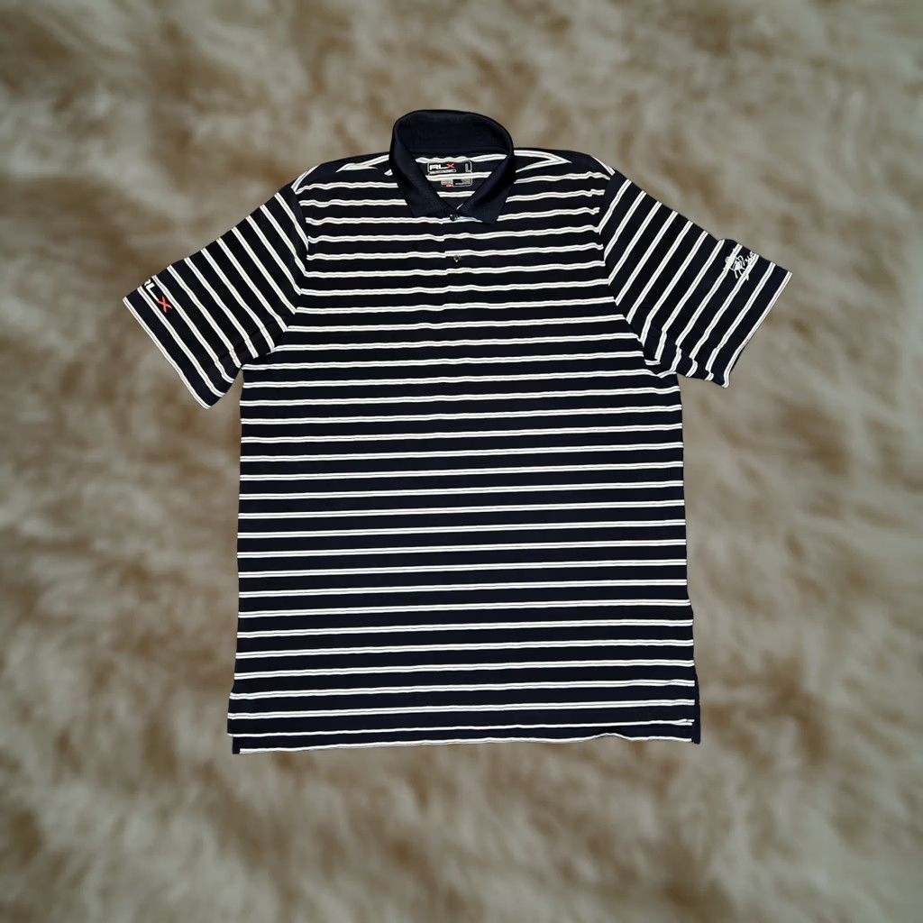 Ralph Lauren VINTAGE Ralph Lauren RLX Polo Blue Striped Short Sleeve Golf Rugby Active Shirt Mens L Blue Striped Embroidered Logo 90s Size US L / EU 52-54 / 3 - 1 Thumbnail