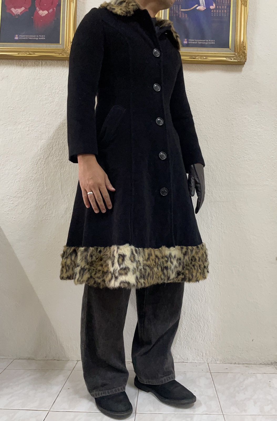 14th Addiction 🇯🇵 Machiko Jinto Leopard Fur Trench Coat Goa Gothic Punk Vkei Size S / US 4 / IT 40 - 2 Thumbnail