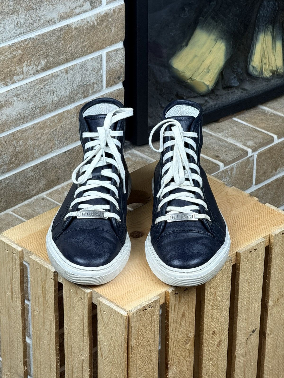 Gucci Gucci Blue Leather Hi Top Sneakers Size US 6.5 / EU 39-40 - 2 Thumbnail