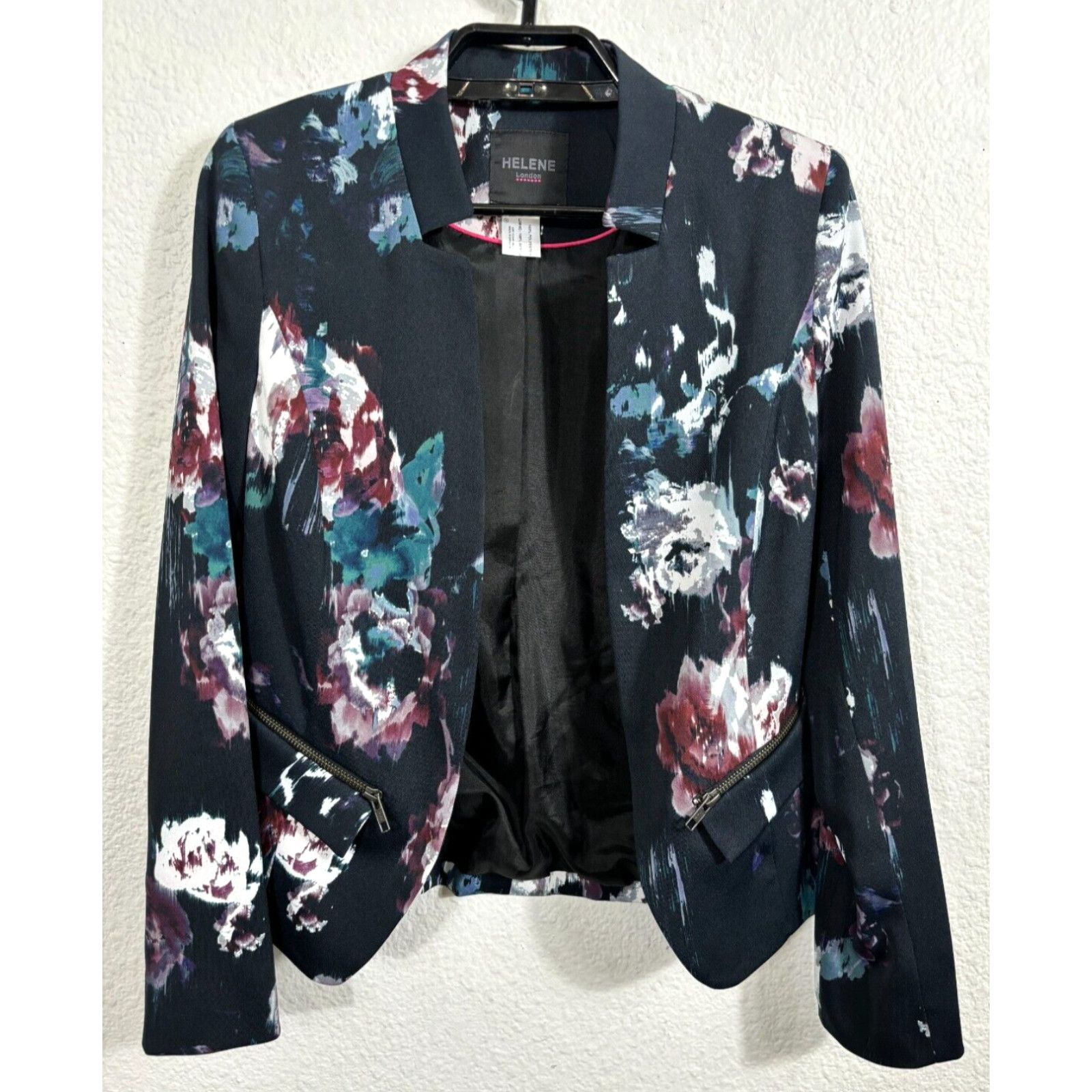 image of Vintage Helene London Blazer Womens Xs Floral Multicolor Polyester Zip Pockets in White