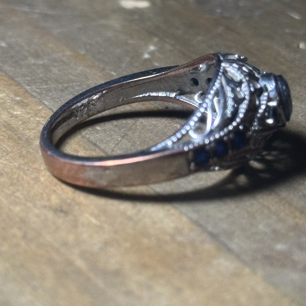 Vintage Vintage silver tone AB and blue rhinestone filigree ring Size ONE SIZE - 5 Thumbnail
