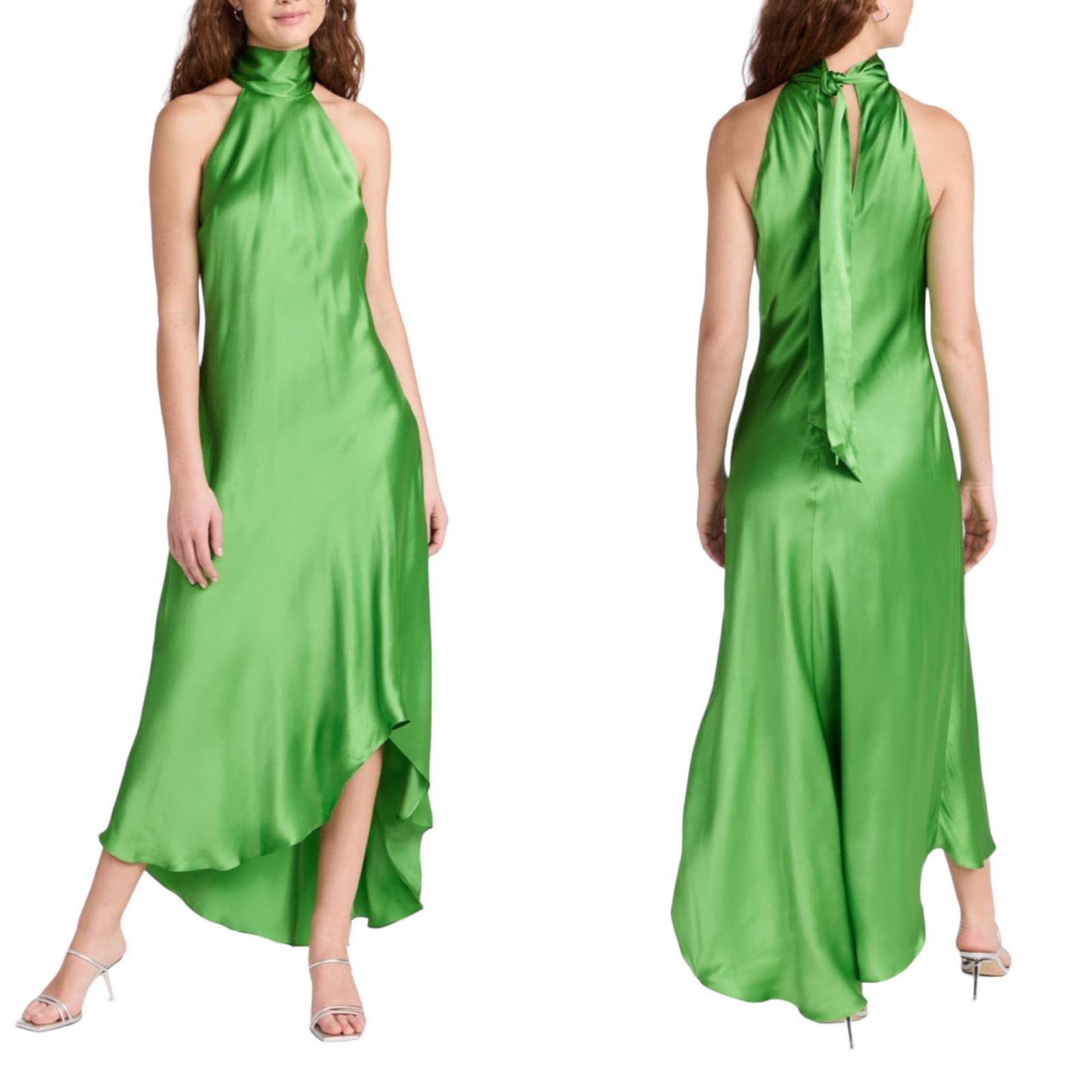 image of Frame Draped Neck Tie Halter Dress Bright Peridot Green Silk, Women's (Size Large)