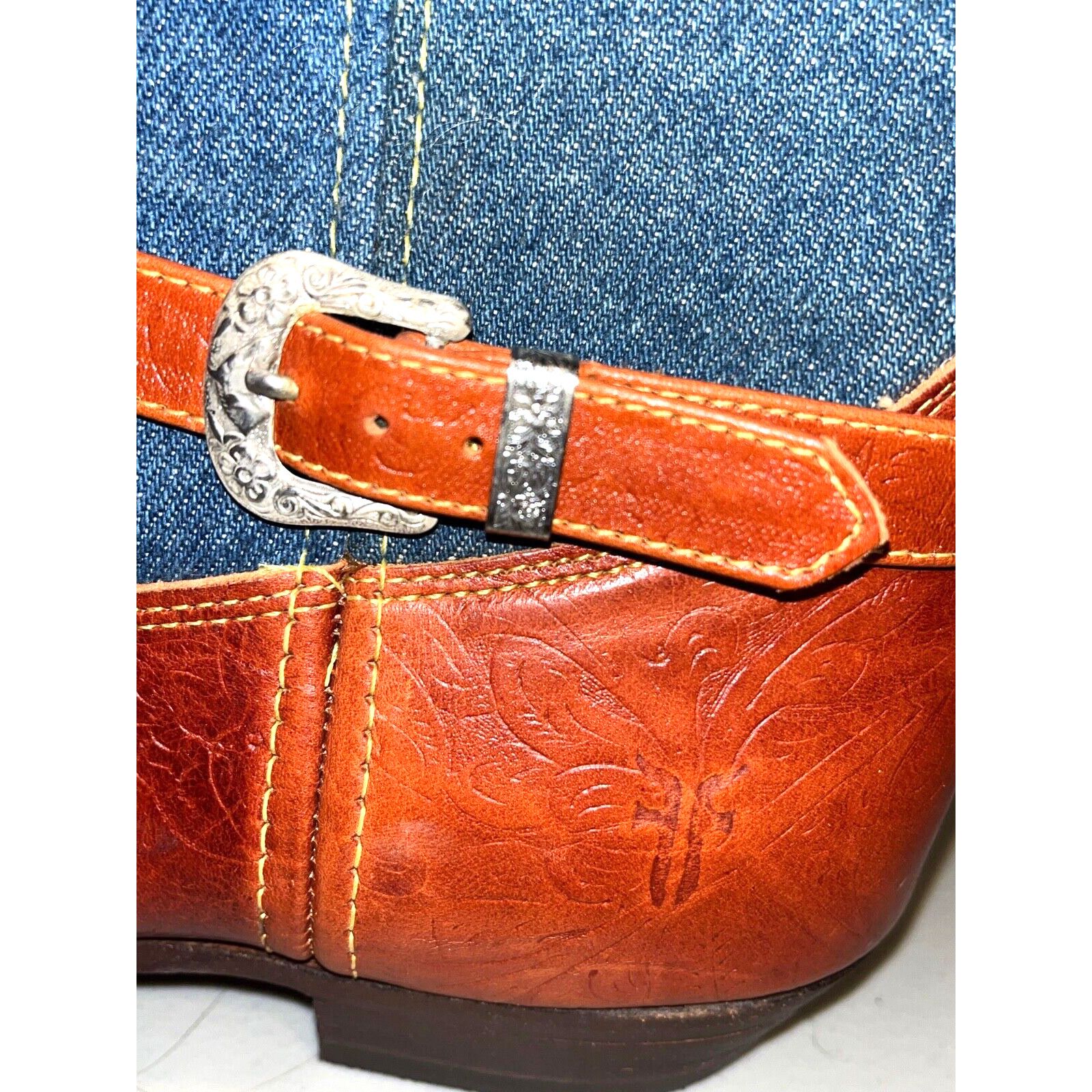 Frye Frye Cowboy Boots Denim Leather Silver Buckles Vintage Sz 8 Size US 6 / IT 36 - 10 Thumbnail