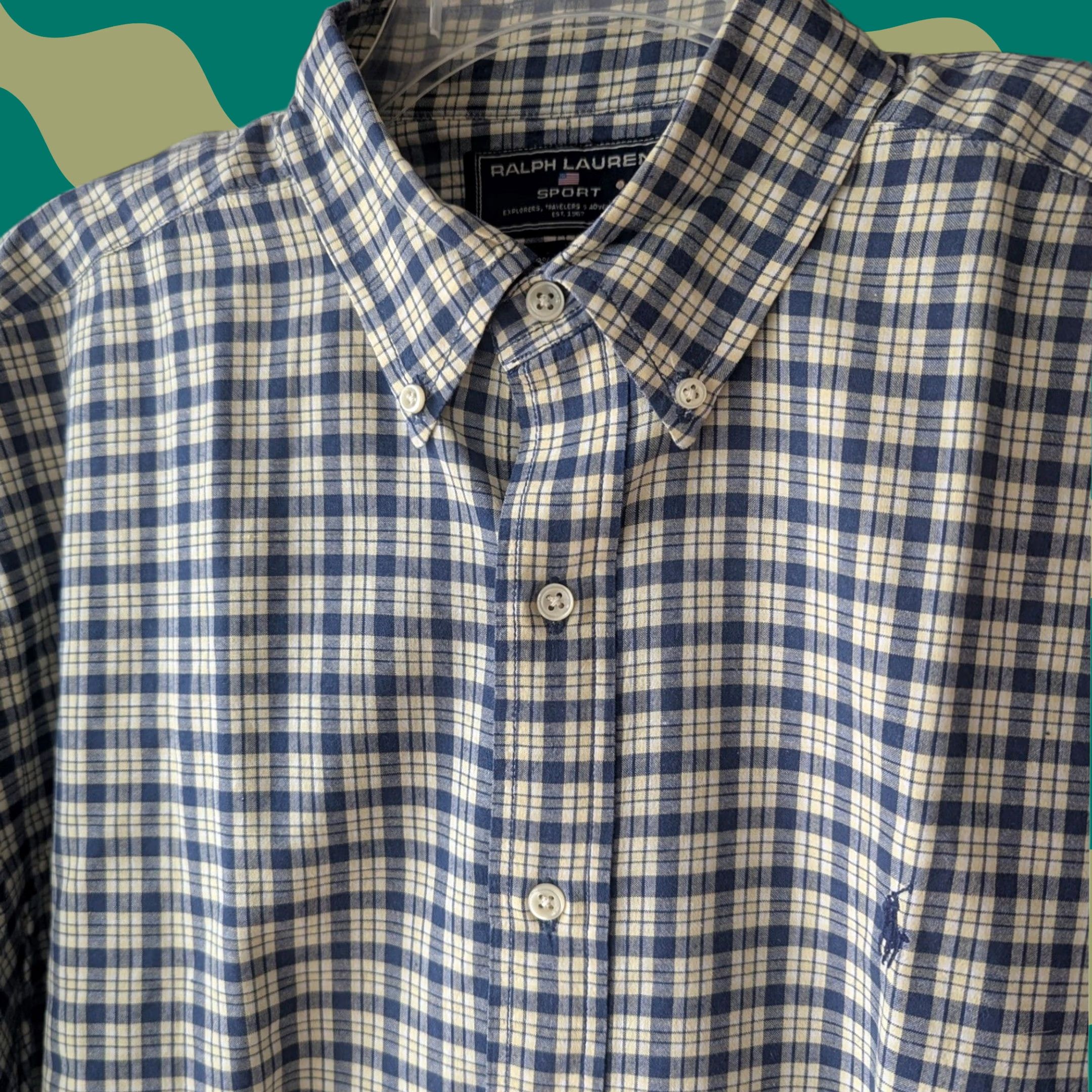 Polo Ralph Lauren Ralph Lauren Sport Short Sleeve Plaid Button-Down Shirt Navy Blue Cream Mens L Size US L / EU 52-54 / 3 - 1 Thumbnail