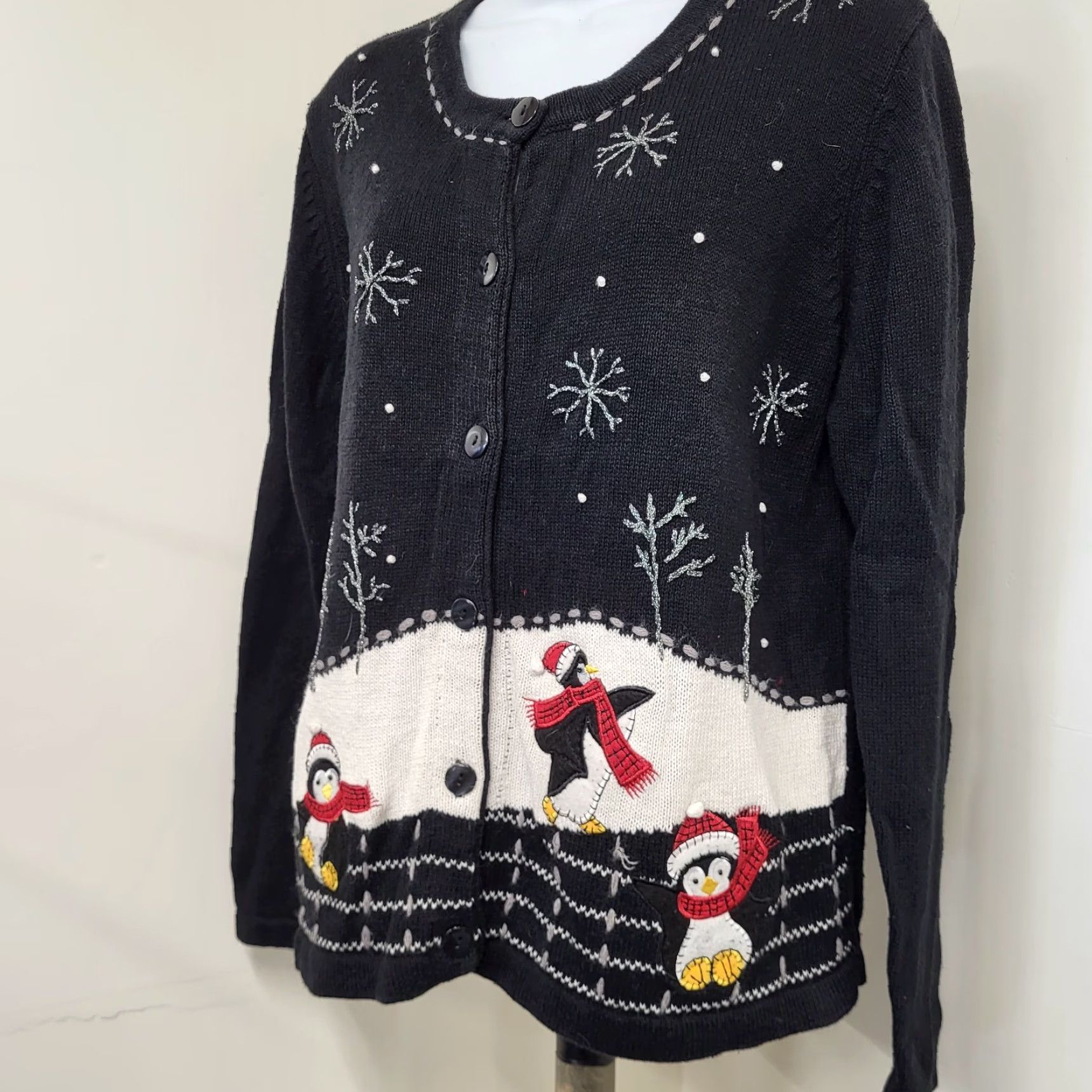 Vintage VINTAGE White Stag Cardigan Womens Large Black Winter Penguin Snowflake Knit Casual Cardigan Winter Snowflake Penguin 80s 90s Christmas Retro Size L / US 10 / IT 46 - 3 Thumbnail