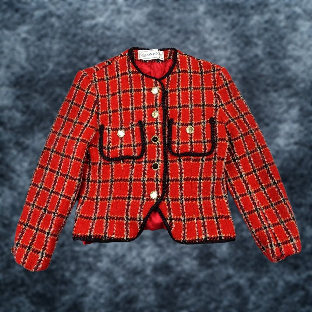 Evan Picone VINTAGE Evan Picone Jacket Womens 6 Red Plaid Wool Tweed Collarless Short Coat/Blazer USA Size M / US 6-8 / IT 42-44 - 1 Thumbnail