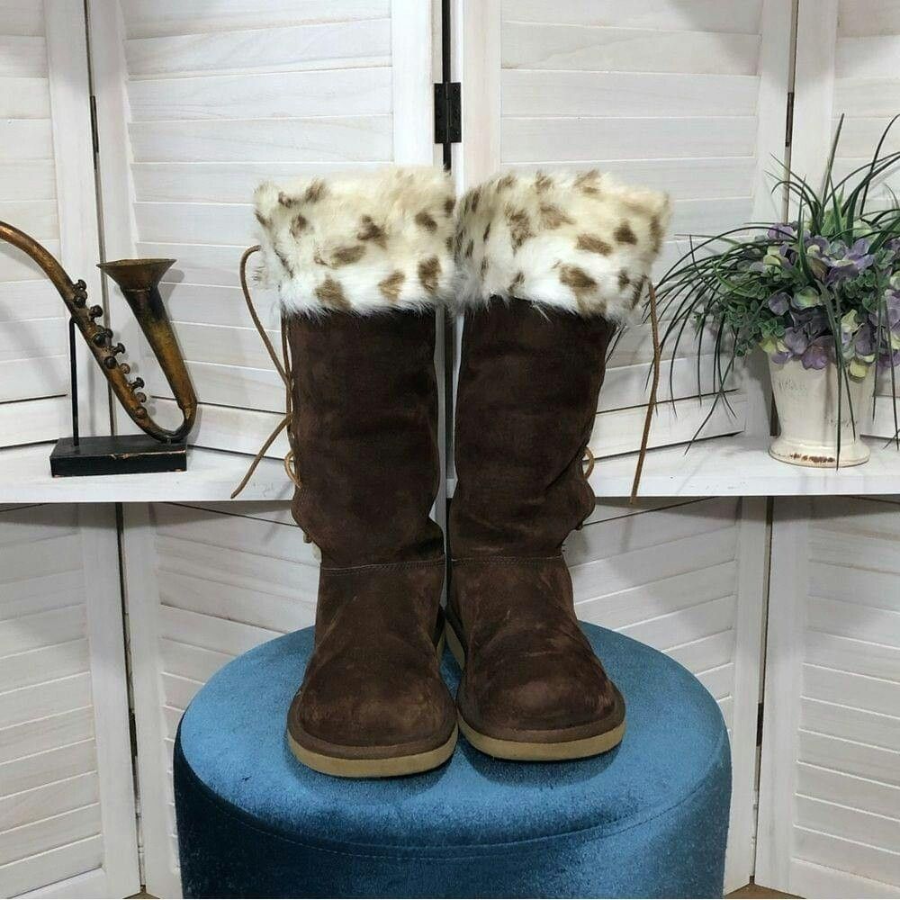 image of Vtge UGG Brown Suede Leather Knee High Fur Lining Boots Size 9, Women's