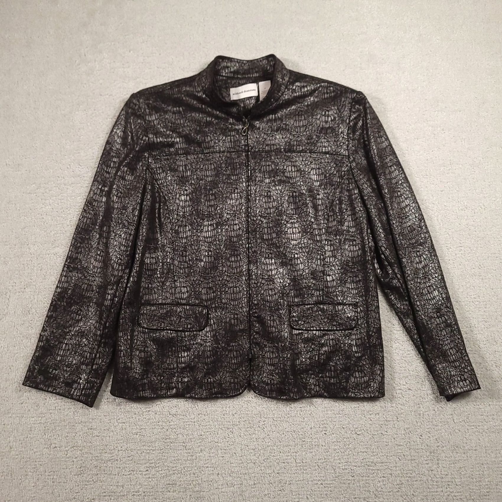 Vintage Alfred Dunner Silver Metallic Croc Print Faux Leather Full Front Zip Jacket 16 Black Women Jacket Full Zip Size XXL / US 16-18 / IT 52-54 - 2 Thumbnail