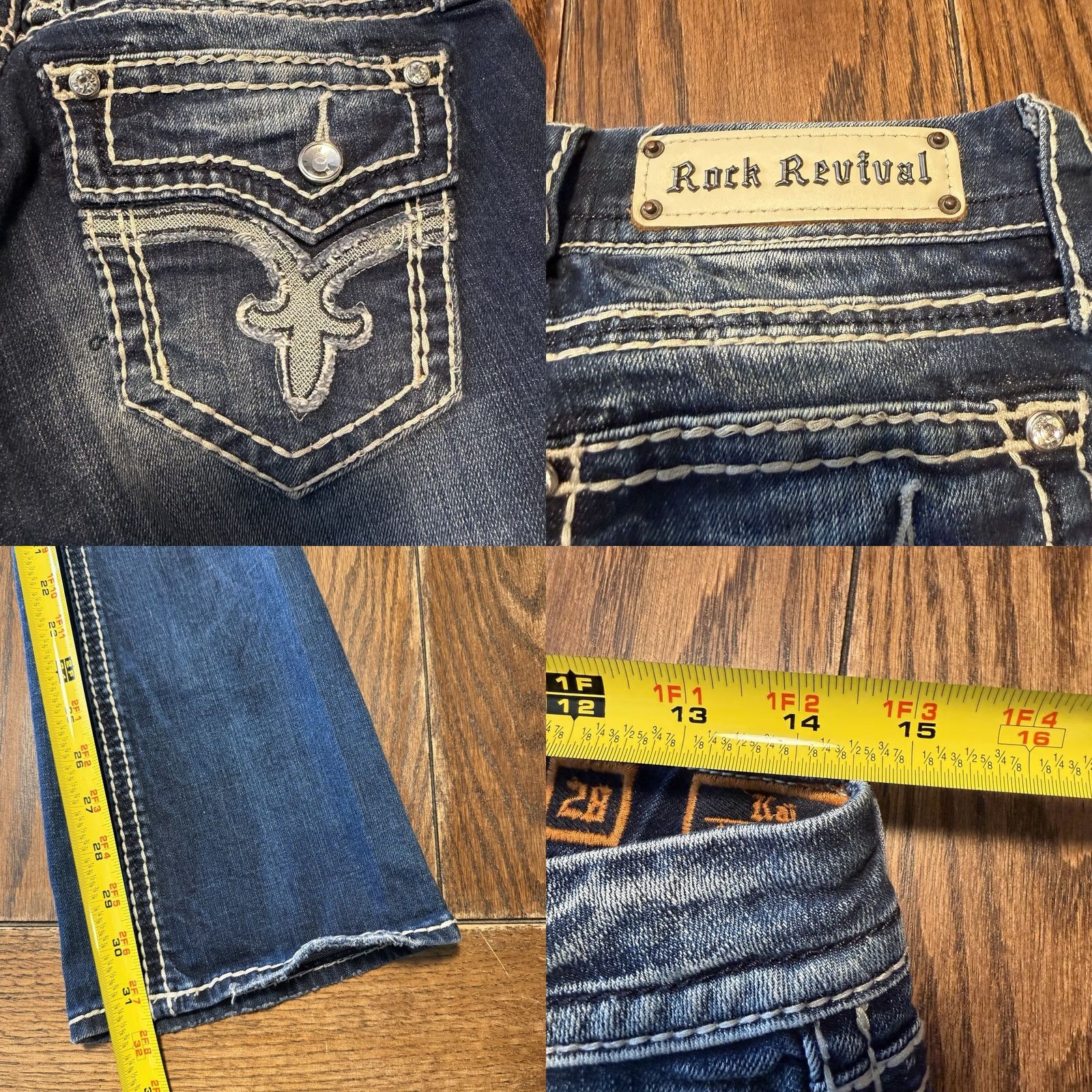 Vintage Rock Revival Kai Boot Jeans Womens Size 28 Blue Denim Bling Rhinestone Embroidered Thumb? Size 29" - 9 Thumbnail
