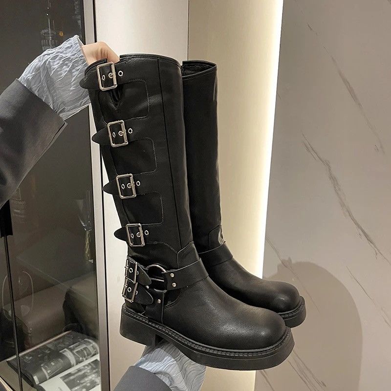 WomenS Biker Boots Gothic Medium Heel Shoes Motorcycle Style in Black, Women's (Size 7)