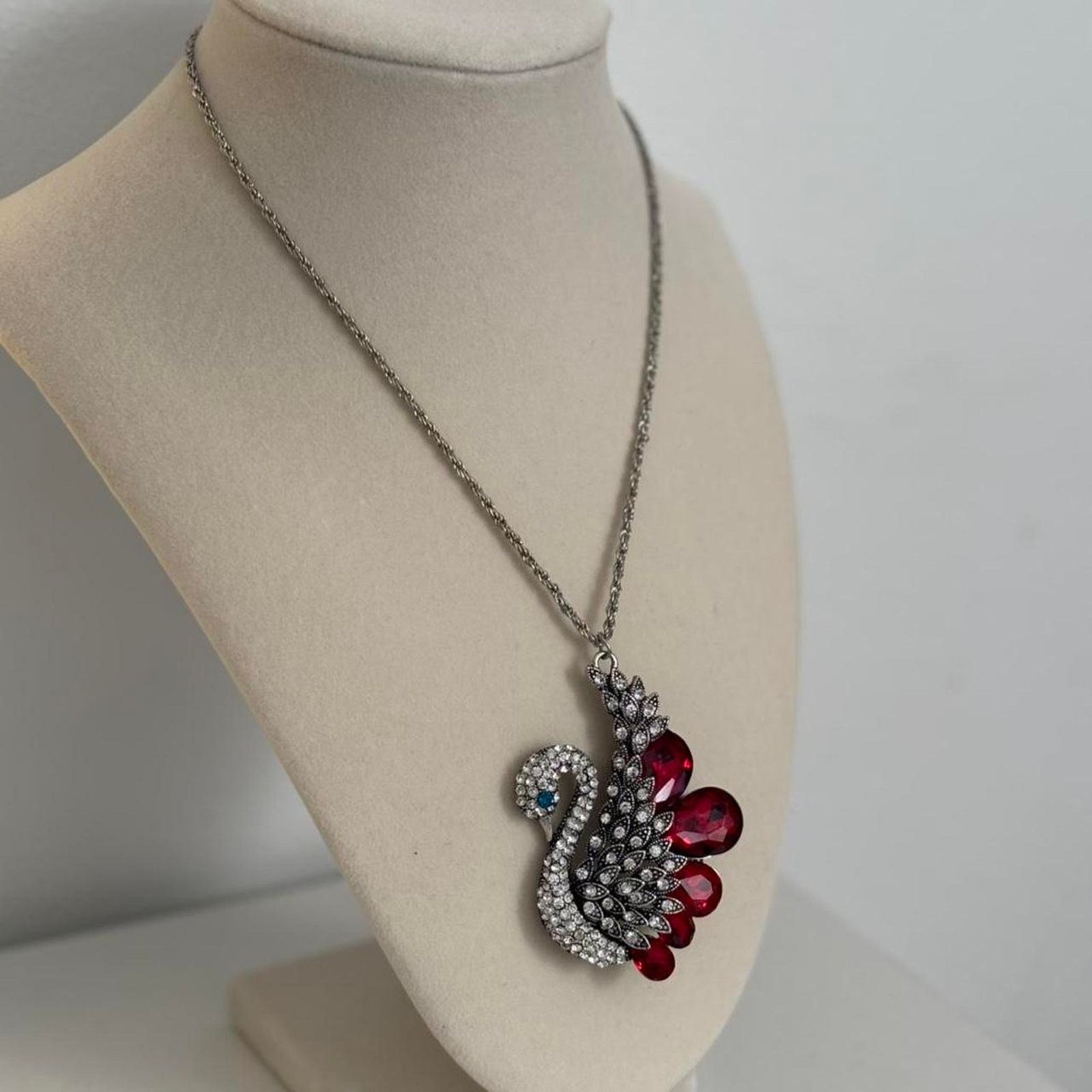 Other Red Silver Peacock Necklace Rhinestone Pendant Statement Size ONE SIZE - 3 Thumbnail