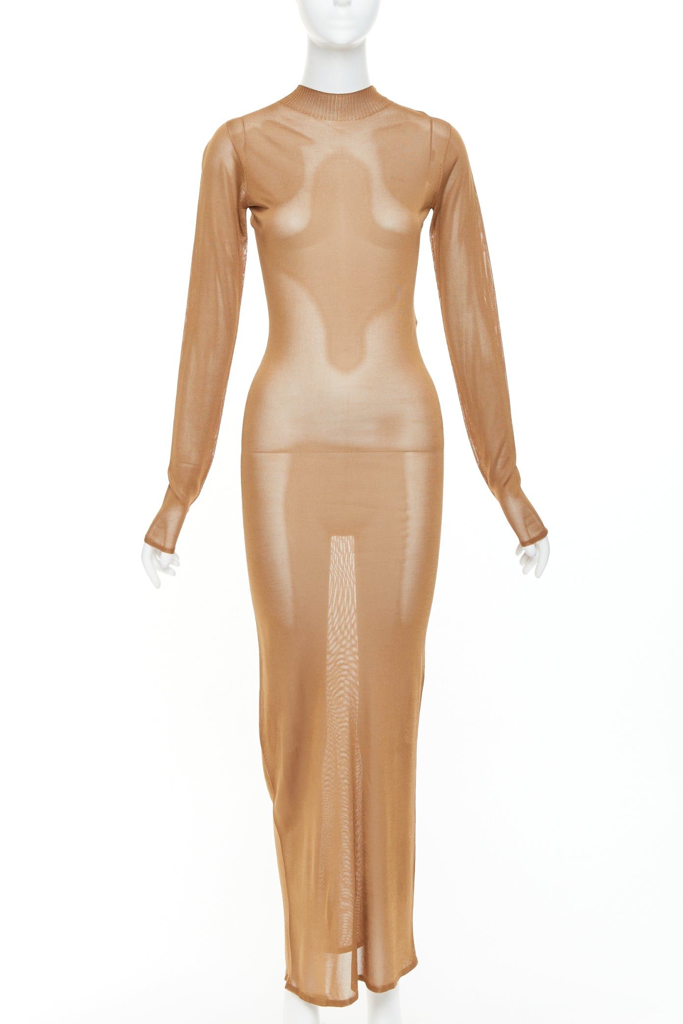 Saint Laurent Paris SAINT LAURENT Anthony Vaccarello 2022 warm brown crew neck semi sheer maxi dress S Size S / US 4 / IT 40 - 1 Thumbnail