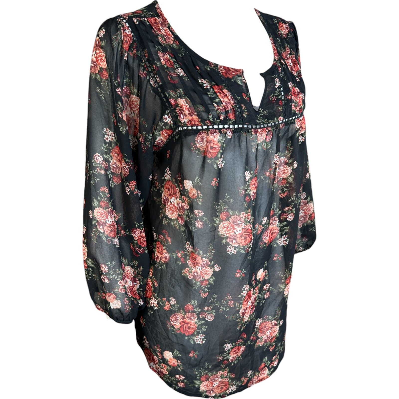 Other Mine Women Large Black Floral Sheer 3/4 Length Sleeve Blouse Size L / US 10 / IT 46 - 10 Thumbnail